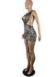 Women Leopard Printing Halter Neck Sexy Drawsting Mini Dress CY1343