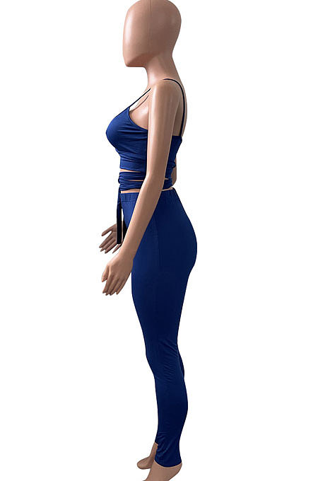 Euramerican Women Solid Color Sleeveless Bandage Tight Sport Pants Sets NK275