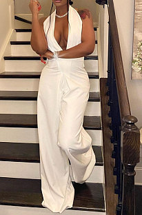 Euramerican Women Pure Color Halter Neck Backless Wide Leg Jumpsuits NK276