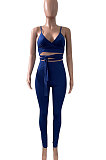 Euramerican Women Solid Color Sleeveless Bandage Tight Sport Pants Sets NK275