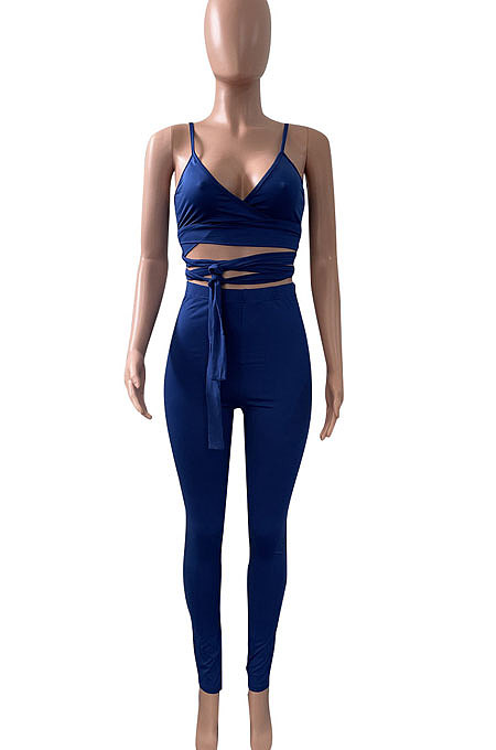 Euramerican Women Solid Color Sleeveless Bandage Tight Sport Pants Sets NK275