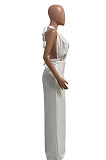 Euramerican Women Pure Color Halter Neck Backless Wide Leg Jumpsuits NK276