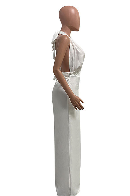 Euramerican Women Pure Color Halter Neck Backless Wide Leg Jumpsuits NK276
