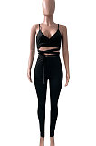 Euramerican Women Solid Color Sleeveless Bandage Tight Sport Pants Sets NK275