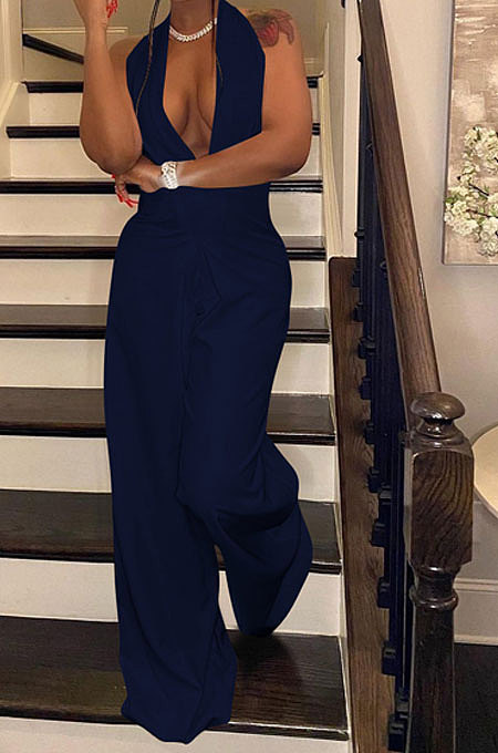 Euramerican Women Pure Color Halter Neck Backless Wide Leg Jumpsuits NK276