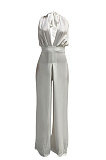 Euramerican Women Pure Color Halter Neck Backless Wide Leg Jumpsuits NK276
