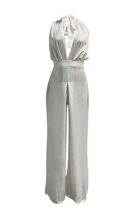Euramerican Women Pure Color Halter Neck Backless Wide Leg Jumpsuits NK276