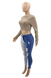 Fashion New Women Contrast Color Patchwork Hole Nine Cent Jeans SZS1008