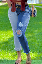 Fashion New Women Contrast Color Patchwork Hole Nine Cent Jeans SZS1008