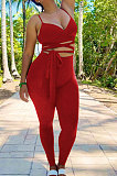 Euramerican Women Solid Color Sleeveless Bandage Tight Sport Pants Sets NK275