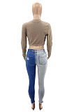 Fashion New Women Contrast Color Patchwork Hole Nine Cent Jeans SZS1008