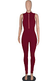 Euramerican Women Fashion Pure Color Sleeveless Collect Waist Bodycon Jumpsuits WMZ2710