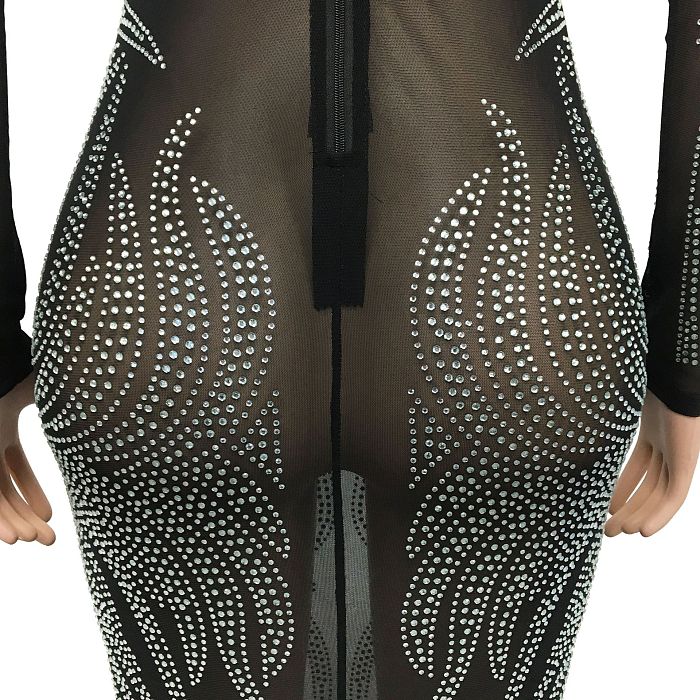 Sexy Bling Bling Mesh Spaghetti Perspectivity Long Sleeve Bodycon Long Dress XZ5606