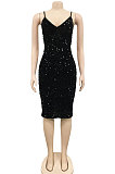 Women Solid Color Sequins Sexy Condole Belt V Collar Bodycon Midi Dress XZ5611