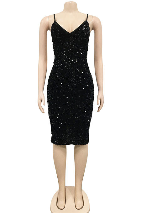 Women Solid Color Sequins Sexy Condole Belt V Collar Bodycon Midi Dress XZ5611