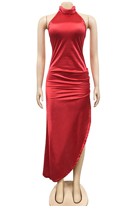 Euramerican Fashion Sexy Pure Color Women Irregular Split Backless Long Dress XZ5625