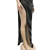 Women Sexy Trendy Club Hot Drilling One Sleeve Long Sleeve Irregular Split Long Dress XZ5622