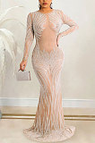 Sexy Bling Bling Mesh Spaghetti Perspectivity Long Sleeve Bodycon Long Dress XZ5606