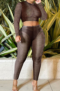 Women Elastic Round Collar Long Sleeve Dew Waist Bodycon Pants Sets LD82021