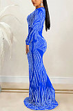 Sexy Bling Bling Mesh Spaghetti Perspectivity Long Sleeve Bodycon Long Dress XZ5606