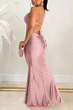 Pure Color Sexy Condole Belt Strapless Backless Bandage Ruffle Long Dress XZ5617
