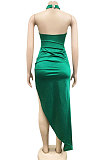 Euramerican Fashion Sexy Pure Color Women Irregular Split Backless Long Dress XZ5625