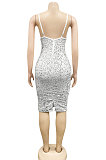 Women Solid Color Sequins Sexy Condole Belt V Collar Bodycon Midi Dress XZ5611