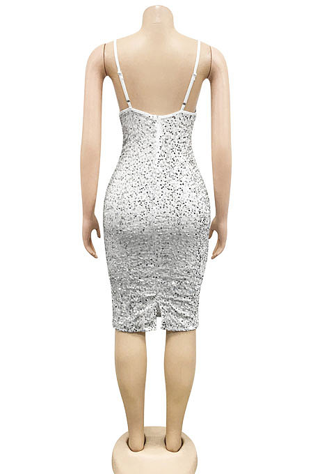 Women Solid Color Sequins Sexy Condole Belt V Collar Bodycon Midi Dress XZ5611