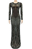 Sexy Bling Bling Mesh Spaghetti Perspectivity Long Sleeve Bodycon Long Dress XZ5606