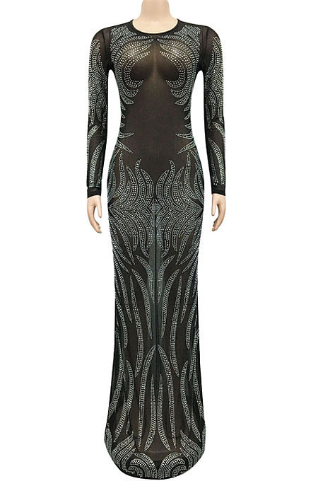 Sexy Bling Bling Mesh Spaghetti Perspectivity Long Sleeve Bodycon Long Dress XZ5606