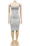Women Solid Color Sequins Sexy Condole Belt V Collar Bodycon Midi Dress XZ5611