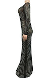 Sexy Bling Bling Mesh Spaghetti Perspectivity Long Sleeve Bodycon Long Dress XZ5606