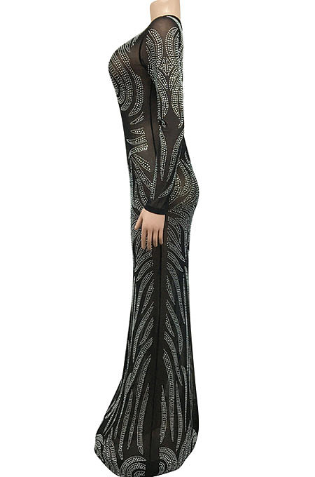 Sexy Bling Bling Mesh Spaghetti Perspectivity Long Sleeve Bodycon Long Dress XZ5606