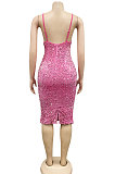 Women Solid Color Sequins Sexy Condole Belt V Collar Bodycon Midi Dress XZ5611