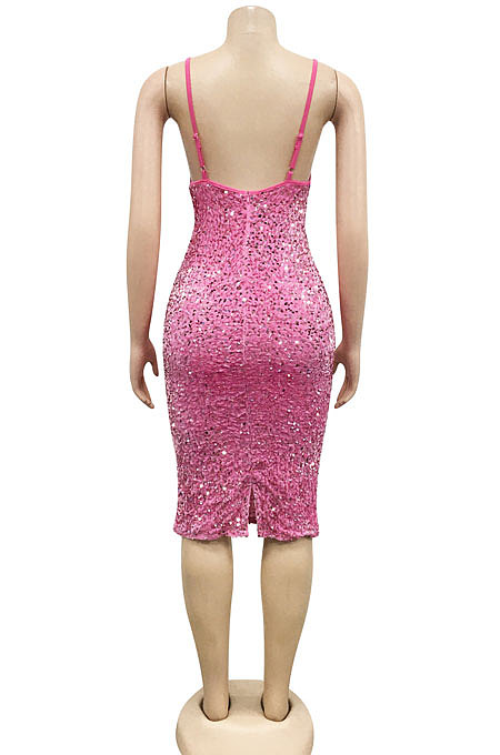 Women Solid Color Sequins Sexy Condole Belt V Collar Bodycon Midi Dress XZ5611