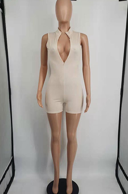 Women Solid Color Sleeveless Ribber Zipper Sexy Mid Waist Romper Shorts YM242