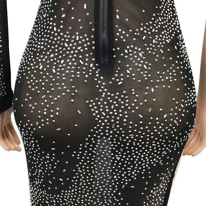Women Sexy Trendy Club Hot Drilling One Sleeve Long Sleeve Irregular Split Long Dress XZ5622