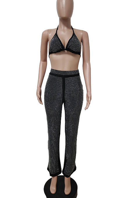 Euramerican Women Sexy Strapless Condole Belt Straight Leg Pants Sets LD82010