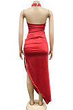 Euramerican Fashion Sexy Pure Color Women Irregular Split Backless Long Dress XZ5625
