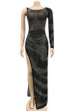 Women Sexy Trendy Club Hot Drilling One Sleeve Long Sleeve Irregular Split Long Dress XZ5622