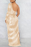 Women Sexy Trendy Club Hot Drilling One Sleeve Long Sleeve Irregular Split Long Dress XZ5622