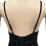 Women Solid Color Sequins Sexy Condole Belt V Collar Bodycon Midi Dress XZ5611