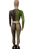 Women Elastic Round Collar Long Sleeve Dew Waist Bodycon Pants Sets LD82021