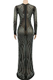 Sexy Bling Bling Mesh Spaghetti Perspectivity Long Sleeve Bodycon Long Dress XZ5606