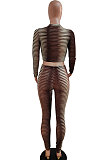 Women Elastic Round Collar Long Sleeve Dew Waist Bodycon Pants Sets LD82021