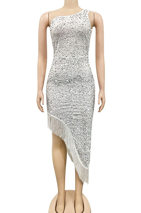 Fashion Sexy Sequins One Shoulder Irregular Split Tassel Midi Dress XZ5620