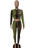 Women Elastic Round Collar Long Sleeve Dew Waist Bodycon Pants Sets LD82021