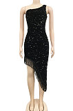 Fashion Sexy Sequins One Shoulder Irregular Split Tassel Midi Dress XZ5620
