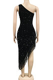 Fashion Sexy Sequins One Shoulder Irregular Split Tassel Midi Dress XZ5620