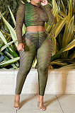 Women Elastic Round Collar Long Sleeve Dew Waist Bodycon Pants Sets LD82021